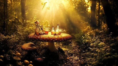 Sunlit Mushroom Table in Forest