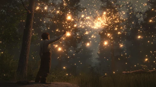 Man and Fireflies in a magical forest