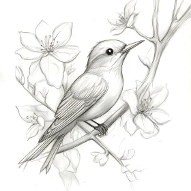 Monochrome Bird on Floral Branch