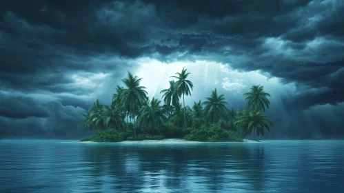 Sunlit Tropical Island Amidst Stormy Skies