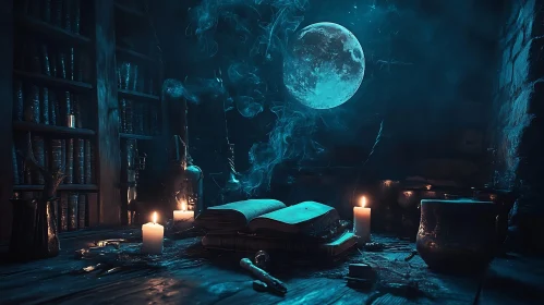 Candlelit Book with Moon