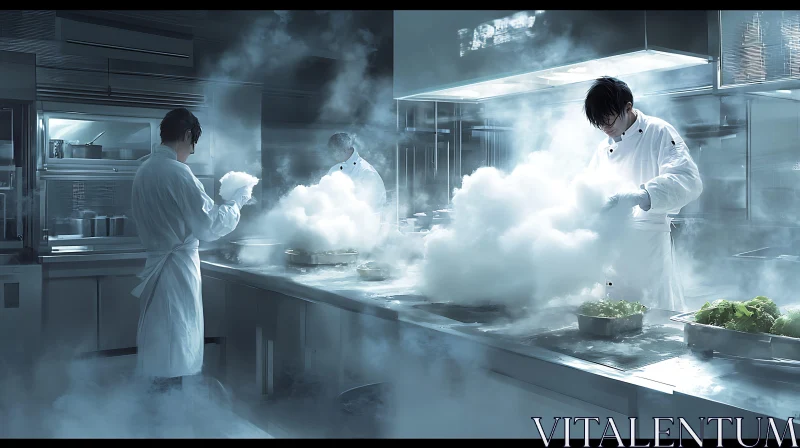 AI ART Monochromatic Kitchen Scene with Chefs