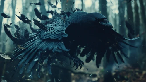 Black Raven Flying in Woods