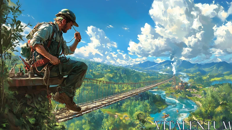 Suspension Bridge Over River Landscape AI Image