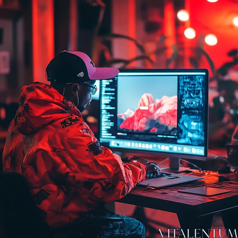 Digital Designer in Red-Hued Workspace AI Image