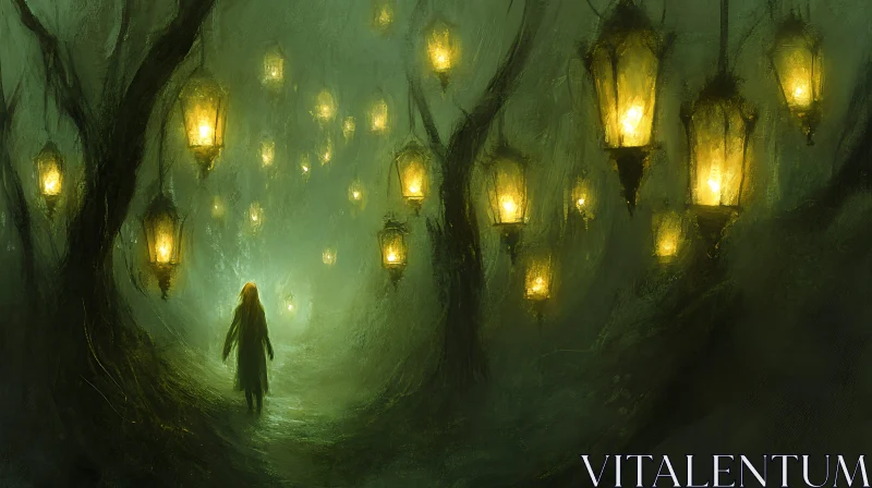 AI ART Lantern Lit Forest Journey Painting