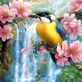 Floral Bird on Branch Near Waterfall