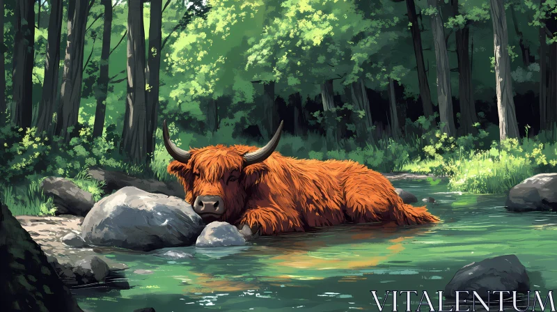 Tranquil Highland Cow by the River AI Image