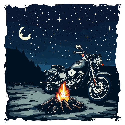 Black Motorcycle by Campfire Under Starry Sky POD Design