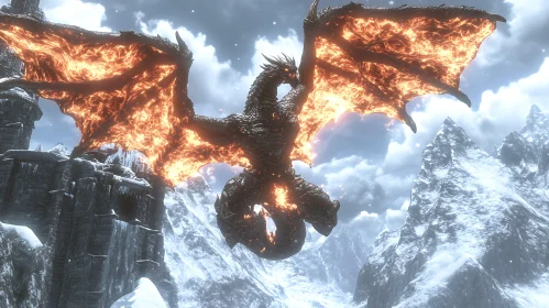 Dragon with wings of fire soars mountain
