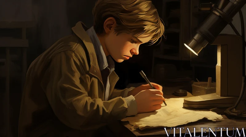 Captivating Realistic Illustration: Boy Writing a Letter with a Flashlight AI Image
