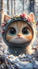Cute Kitten with Flowers in Snow