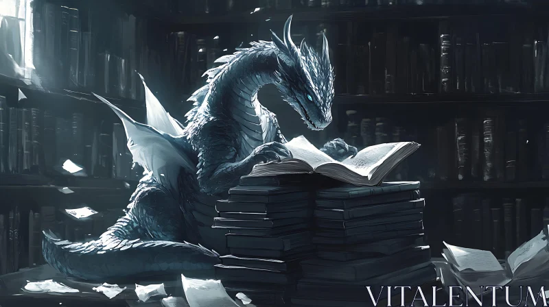 Scholarly Dragon in a Book Filled Library AI Image