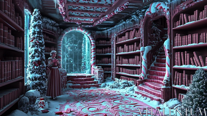 Snowy Library with Gift AI Image