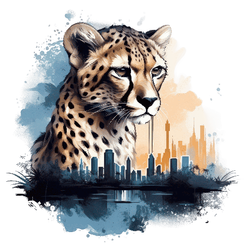 POD Design Digital Art of Cheetah and Cityscape at Sunset