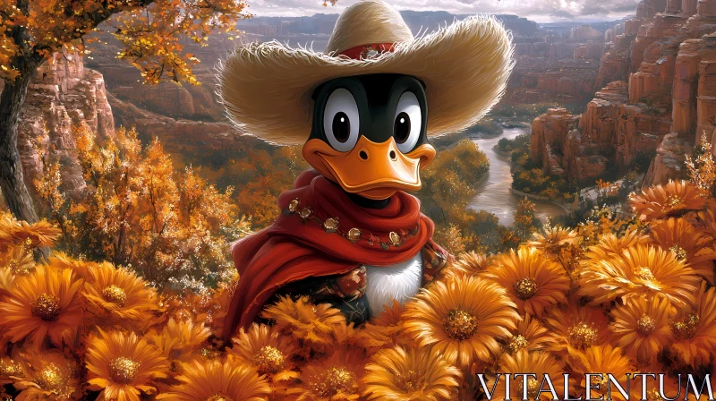 Whimsical Cartoon Duck Amidst Autumn Blooms AI Image