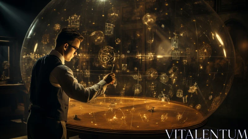 Intricate Cybersteampunk: A Man and a Glass Globe | Surreal Cabincore Art AI Image