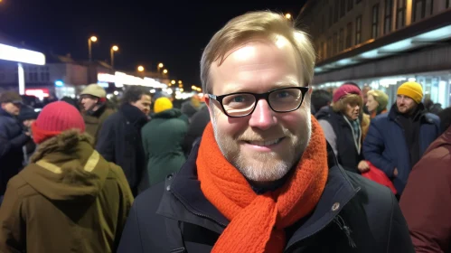 Man with Glasses and Orange Scarf in a Nighttime Crowd - Dark and Moody Style