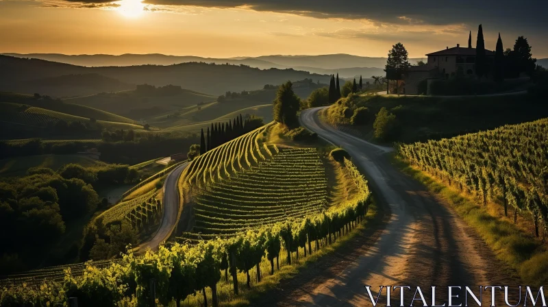 AI ART Sunset Over Vineyards in Tuscany - A Romantic Landscape