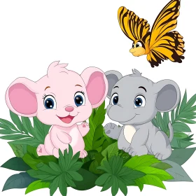 Cute Animals and Butterfly amidst Lush Leaves