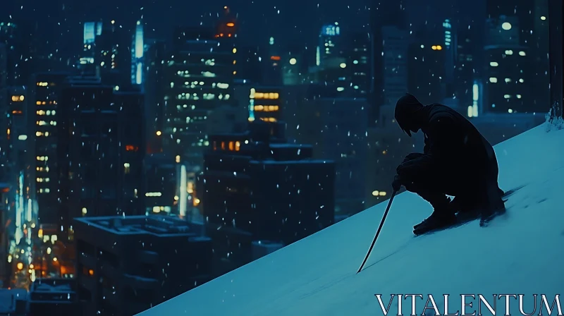 AI ART Snowy Rooftop View with Katana