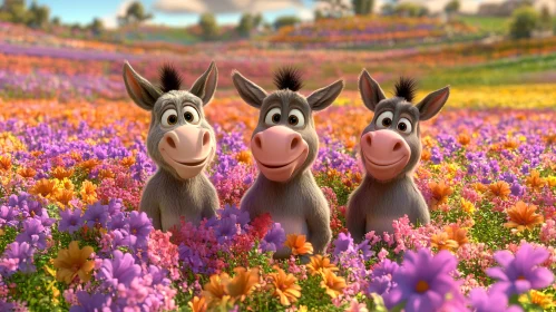 Whimsical Donkeys Among Blossoms