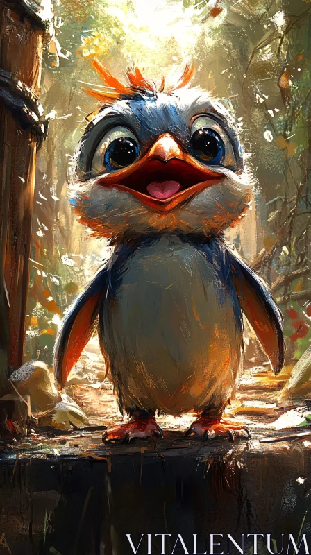 Fantasy Bird with Large Eyes in Forest AI Image