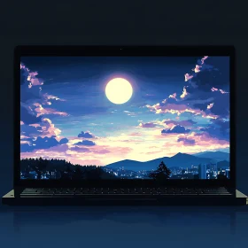 Surreal Depiction of a Night Landscape on a Laptop Screen