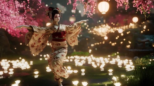 Serene Geisha in a Blossoming Garden