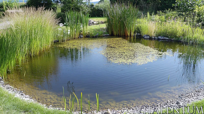 AI ART Tranquil Pond with Reeds and Reflections