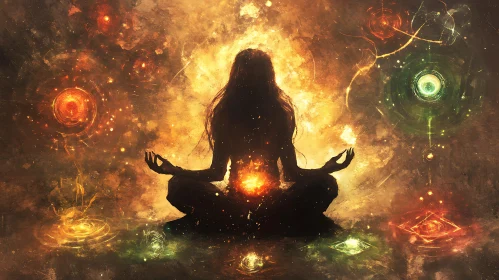 Silhouette in Meditation with Cosmic Energy