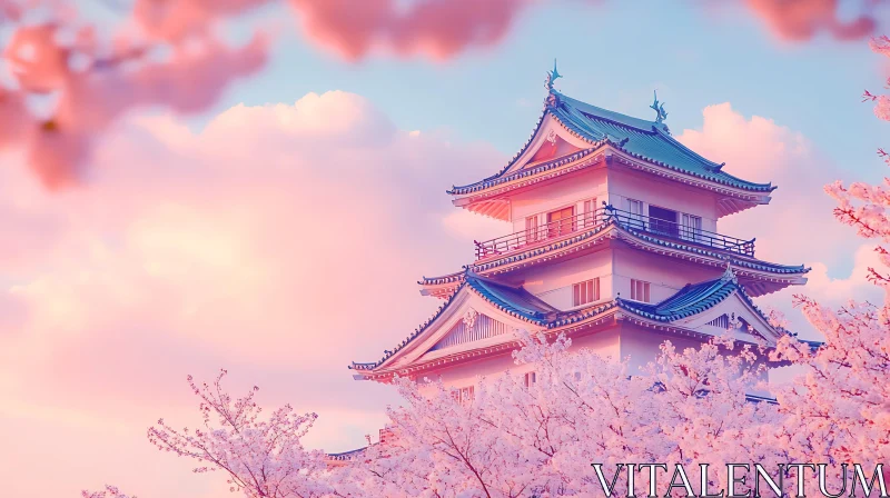 Japanese Castle in Spring Bloom AI Image