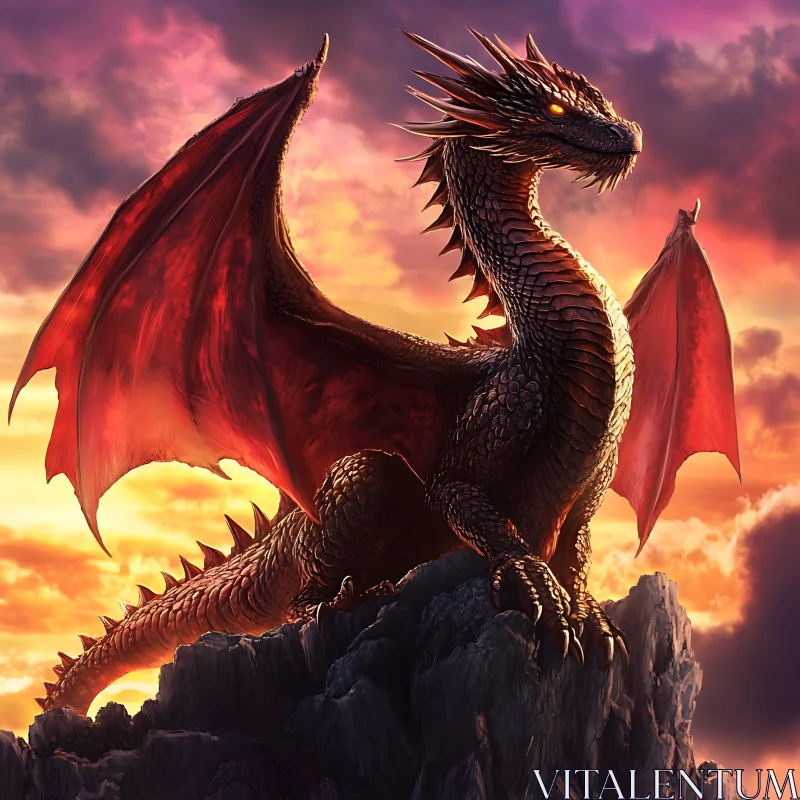 AI ART Sunset Dragon Perched on Mountain Top