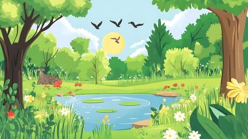 Tranquil Forest Scene with Deer and Birds