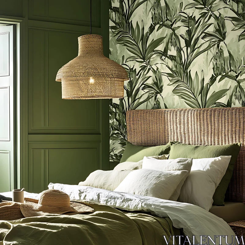 Tranquil Bedroom Decor with Wicker Elements and Green Accents AI Image