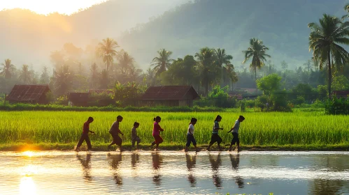 Rural Rice Field Scenery with Walking People