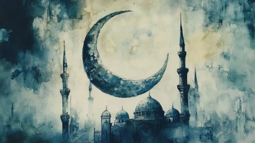 Blue Mosque with Moon Watercolor Art