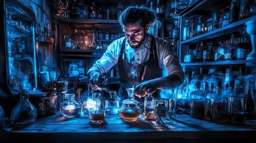 Mystical Potion Brewing in a Blue Laboratory