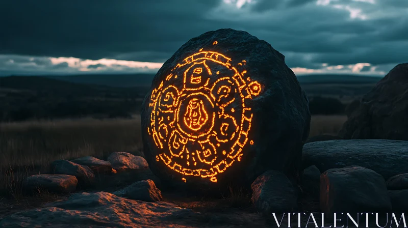 Ancient Runestone in Twilight Field AI Image