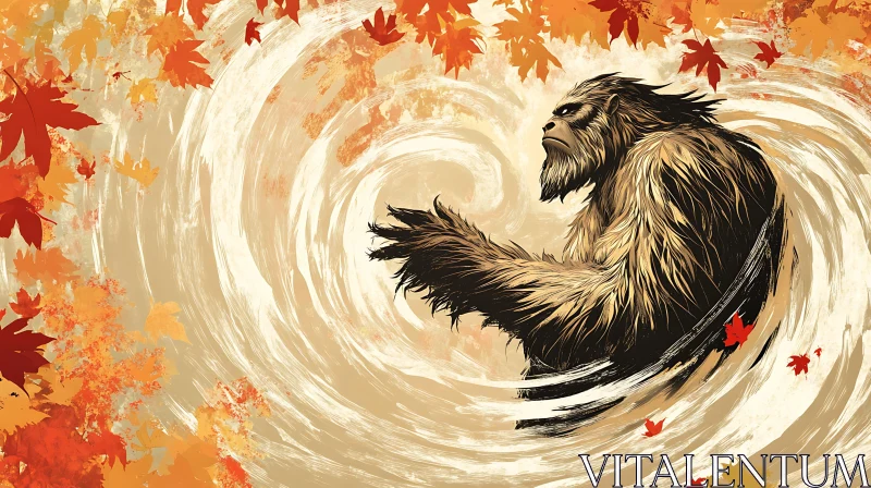 Sasquatch in Autumn Leaves AI Image