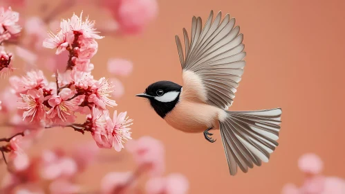 Chickadee with Blossoming Flowers