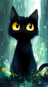 Whimsical Black Cat in a Magical Forest