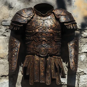 Antique Bronze Armor on Stone Wall