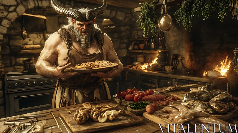 AI ART Rustic Kitchen Minotaur Cooking