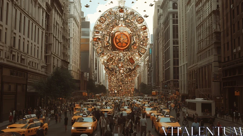 Urban Scene with Giant Mechanical Object AI Image