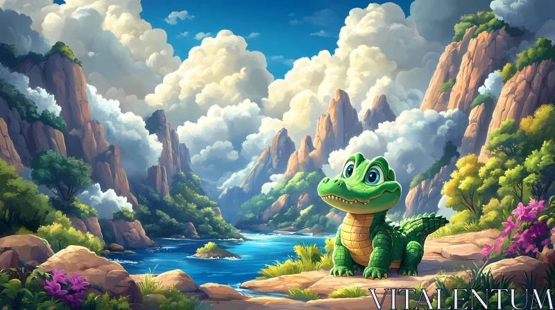 AI ART Whimsical Crocodile by the River