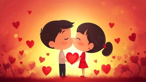 Cartoon Couple Kissing Surrounded by Hearts