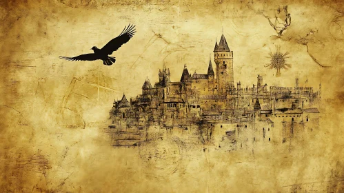 Old World Castle and Bird Illustration