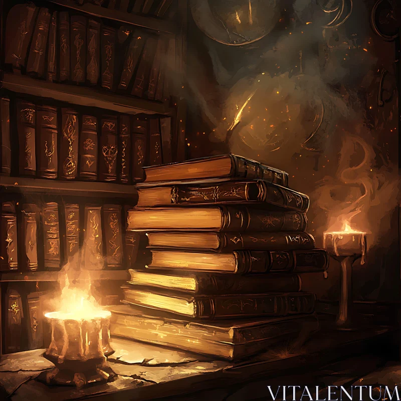 Antique Books and Candle in Dark Library AI Image