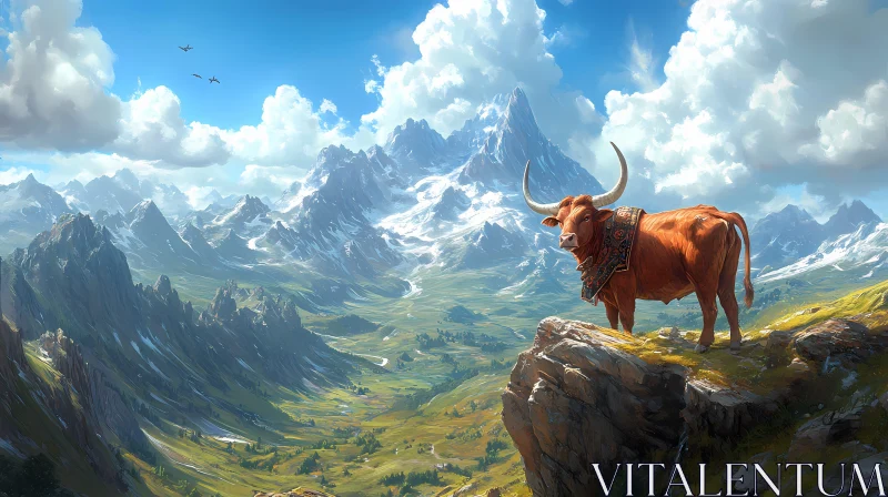 AI ART Bull on Cliff in Mountainous Scenery